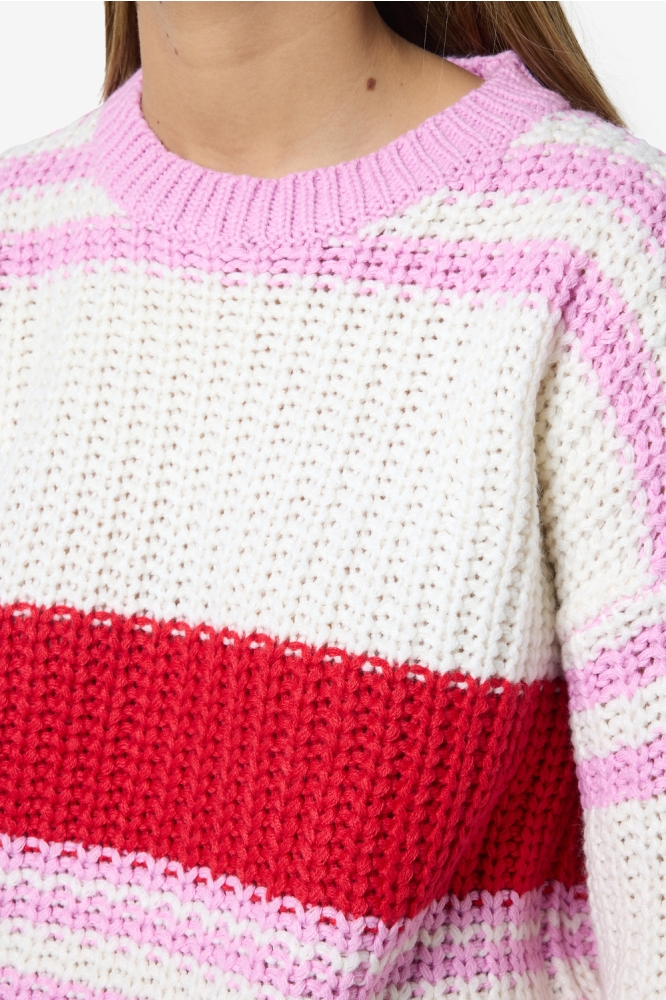 NMCHARLIE L/S O-NECK STRIPE KNIT NO 27020786 Birch/TOMATO+BON BON